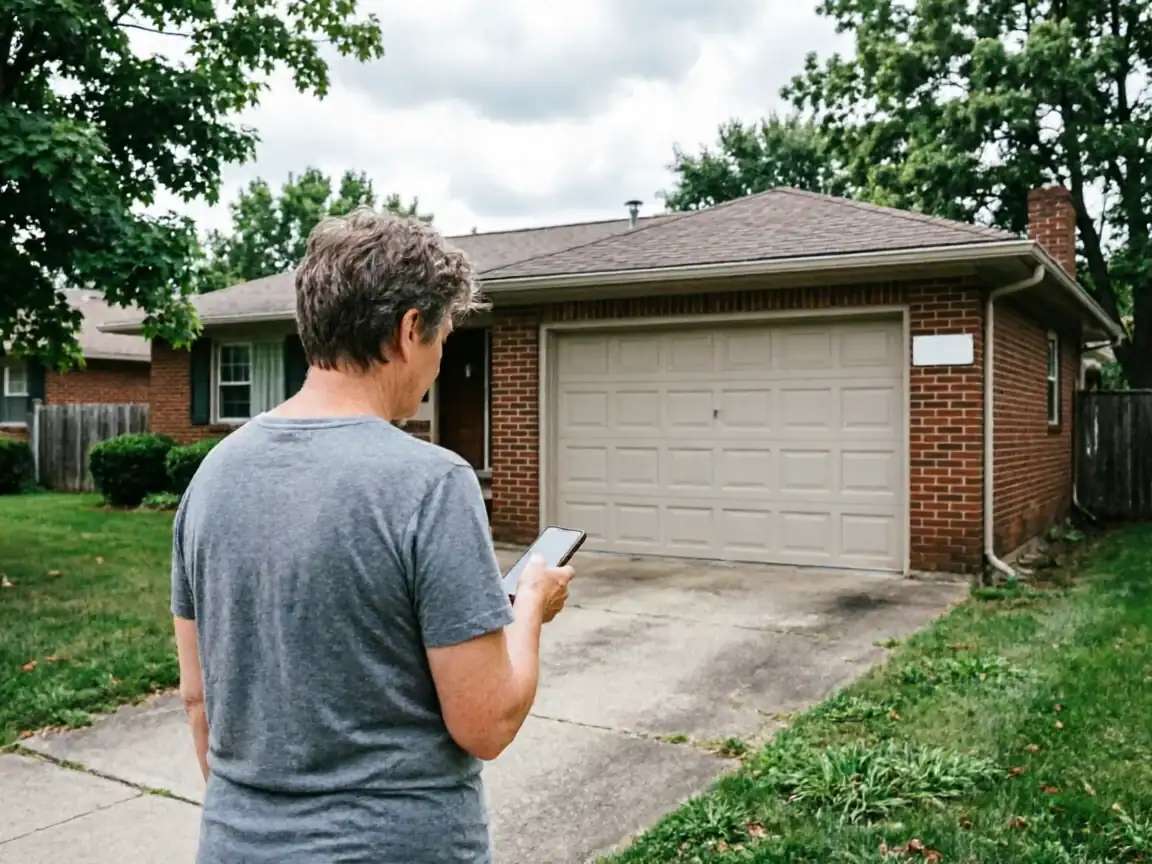 A person stands in a driveway looking at a phone with a house and garage in the background.