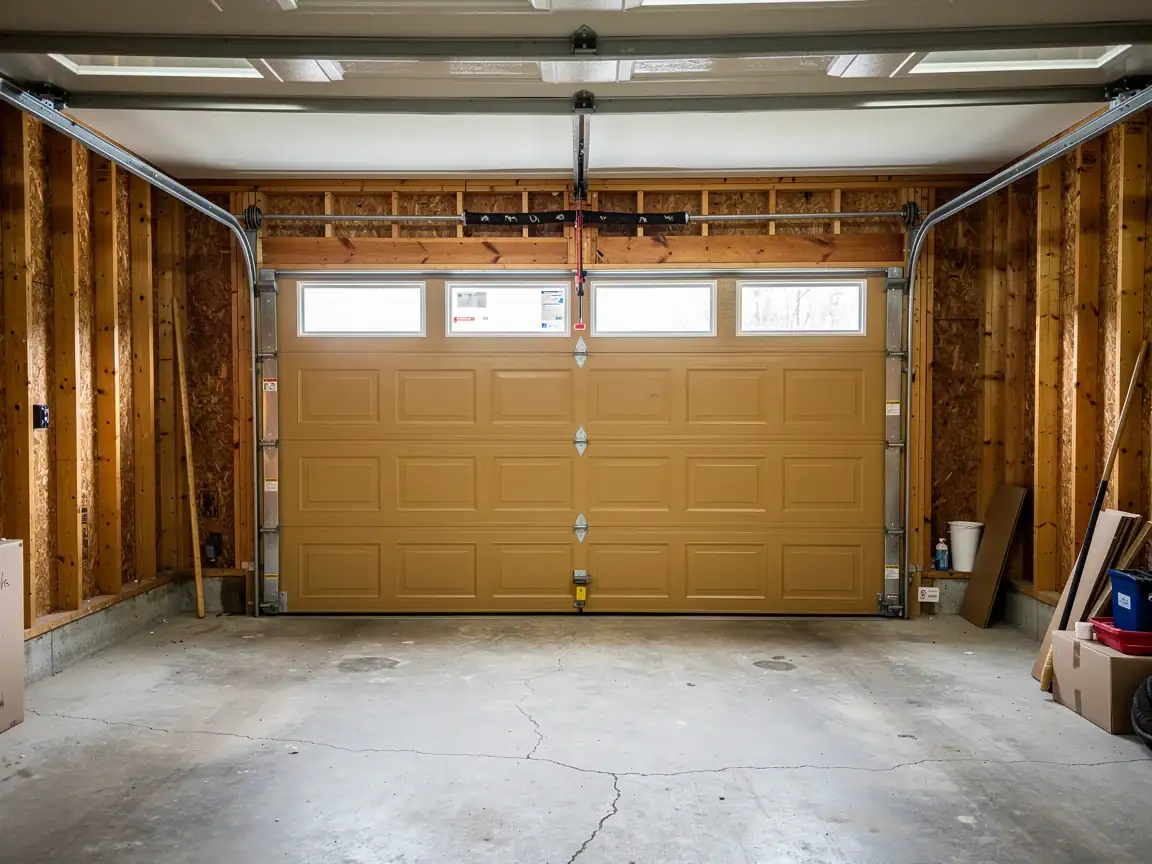 A closed brown garage door with windows is inside a garage.
